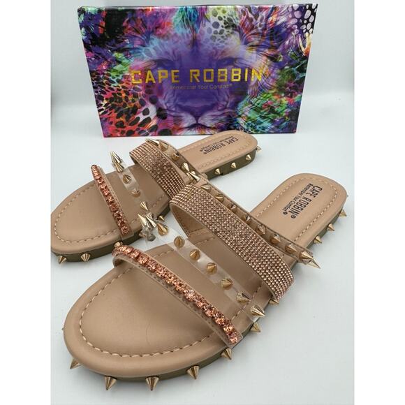 Cape Robbin Xtreme Nude Spiked Slide Sandals Size 8 Studded Rhinestone - Picture 4 of 9